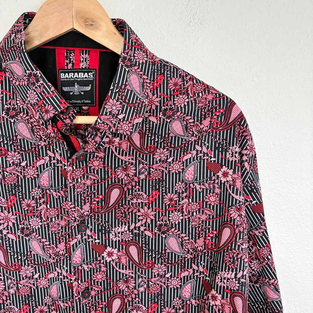 Barabas Button Down Shirt Mens XL Red Paisley Floral Striped Long Sleeve Cotton